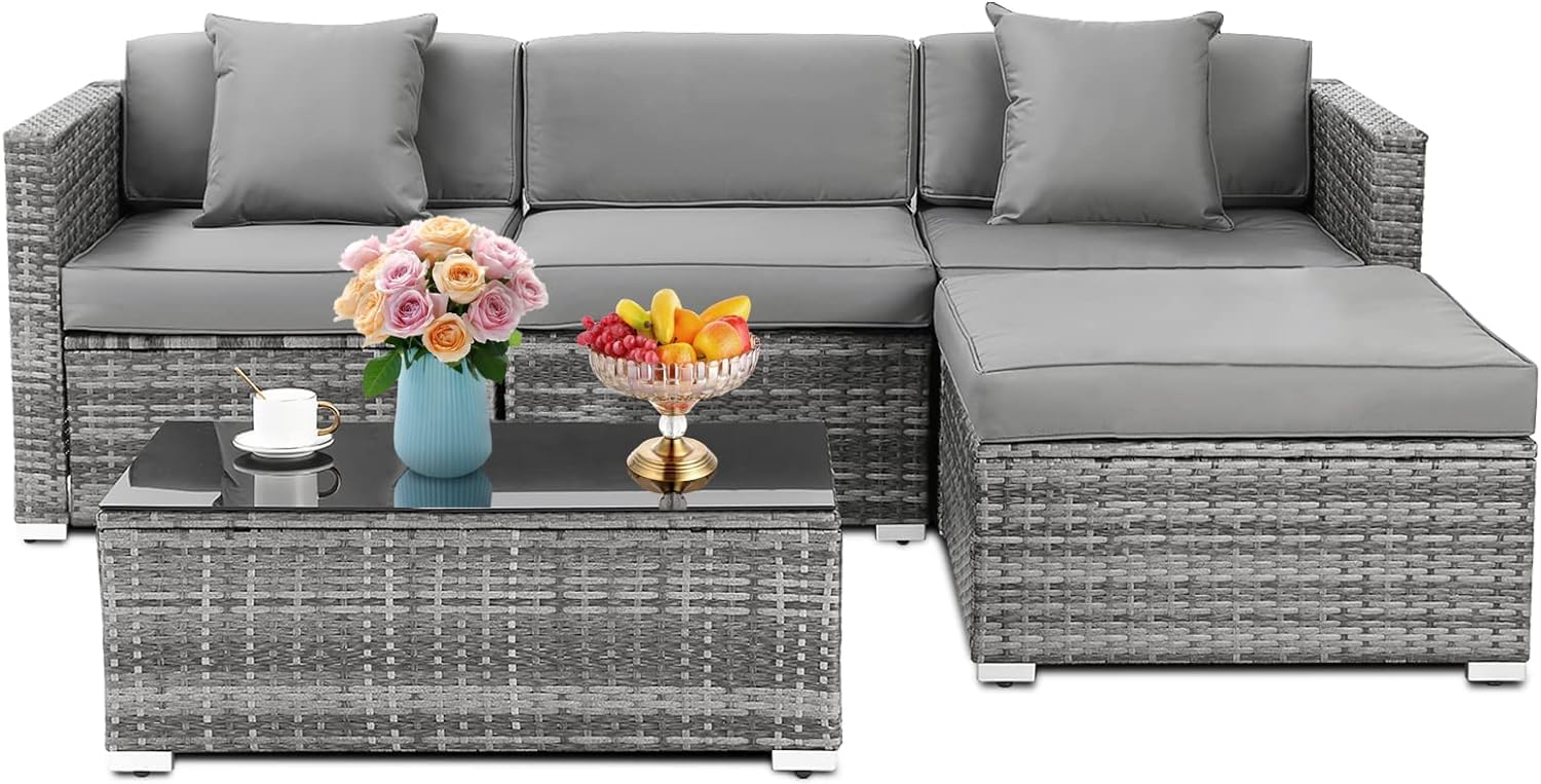 TLGREEN 5PCS Garden Sofas Rattan Corner Furniture Set All-Weather PE Rattan Wicker Patio Conversation Set with Modern Glass Coffee Table and Gray Washable Cushions