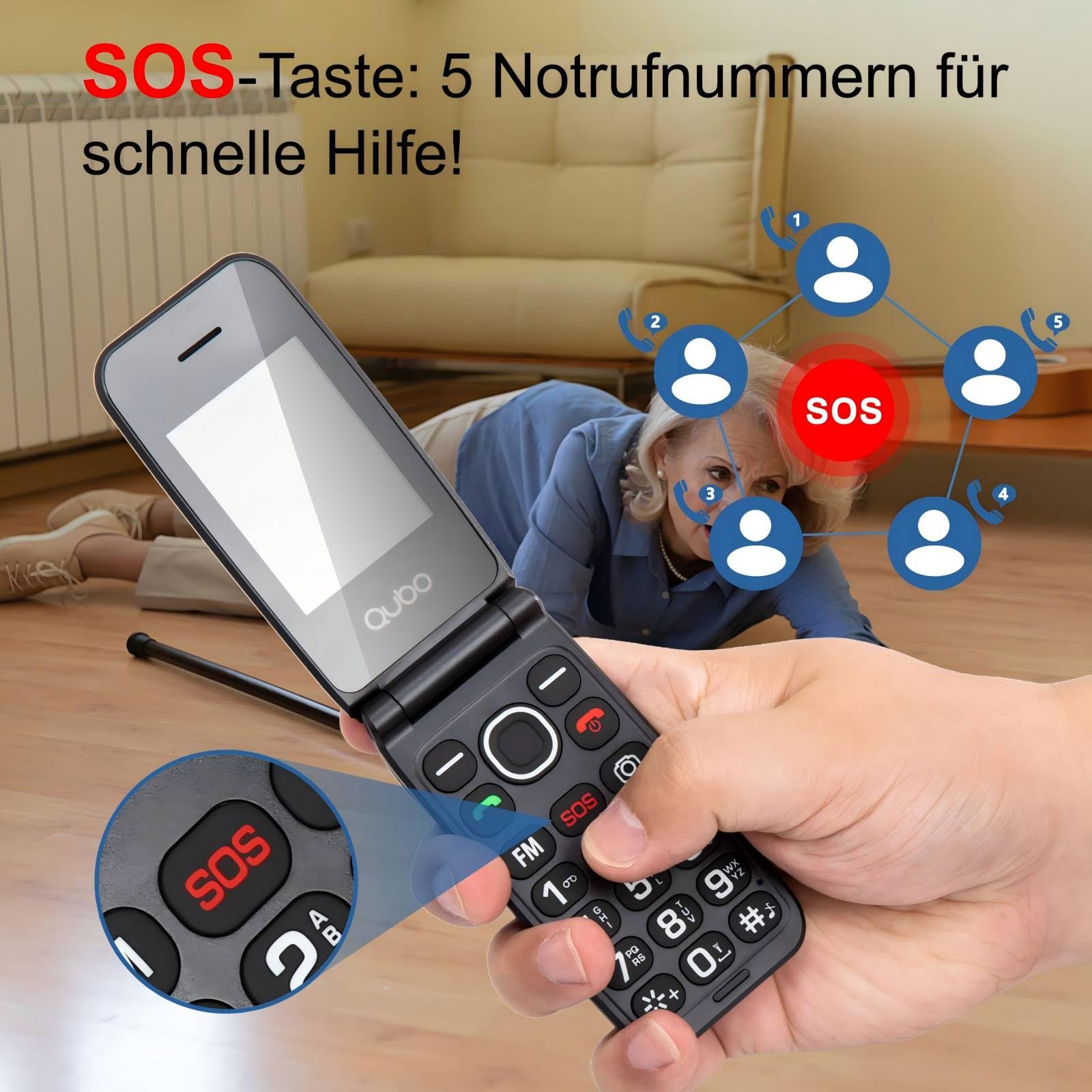Qubo Seniorenhandy Klapphandy Ohne Vertrag, Großtastenhandy, GSM Flip Mobiltelefon SOS Notruffunktion, Taschenlampe, FM-Radio, 2,4 Zoll Farbdisplay, Schwarz