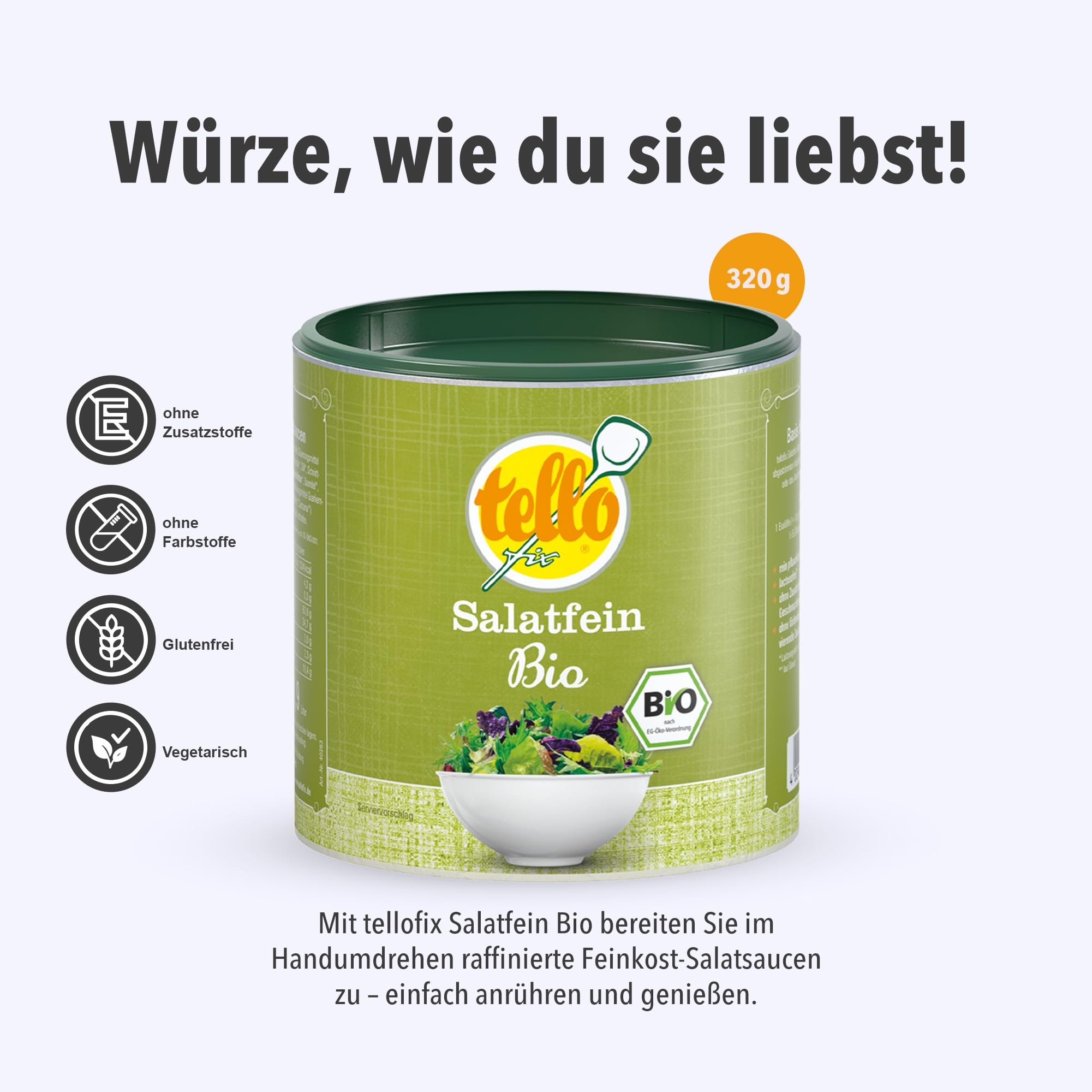 Tellofix Salatfein Classic 3er Set (3x 320g) – BIO, Vegetarisch, Ohne Zucker & Zusatzstoffe – Perfekt für Salate & Frischkost – Kalorienarm, glutenfreie Lebensmittel - Als Brühe oder Suppengewürz
