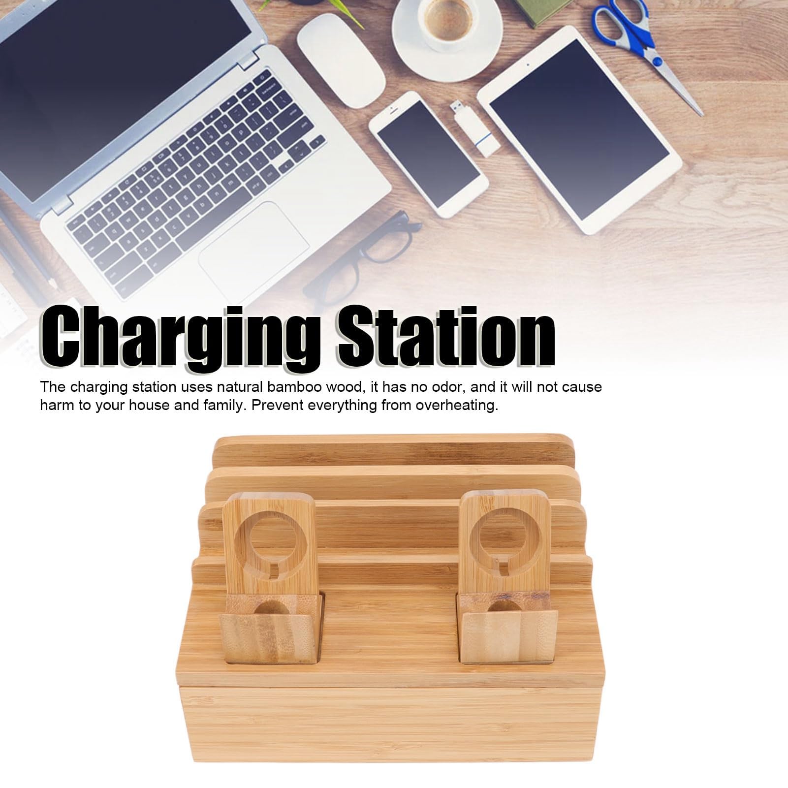 Station de Charge multifonctionnelle avec 5 Ports de Chargeur USB, boîte de Rangement de Chargeur en Bois avec Support de Montre pour téléphones Mobiles, tablettes, Montres, (Couleur Originale)
