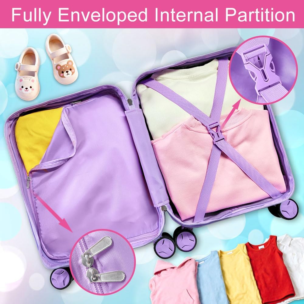 Lightweight Hardshell Spinner Suitcase Set for Kids 2PCS with Wheels - Airplane Approved Carry-On Luggage for Girls& Children Ages 3-10, Purple Cat Rolling Suitcases for Elementary Toddler Travel