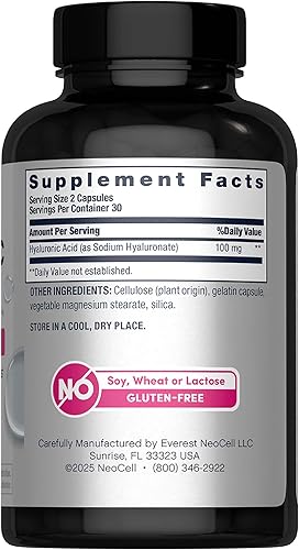 Miniatura 2 de NeoCell Cápsulas de ácido hialurónico, lubricante esencial, apoya la hidratación de tejidos, sin gluten, 60 unidades, 1 botella