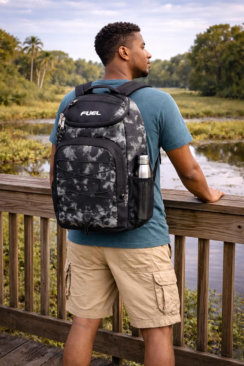 FUEL Wide Mouth Sports Luggage Carry On Weekender Travel Backpack with Front Bungee and Inner Tech Pocket, Gungee Tie Dye/Black
