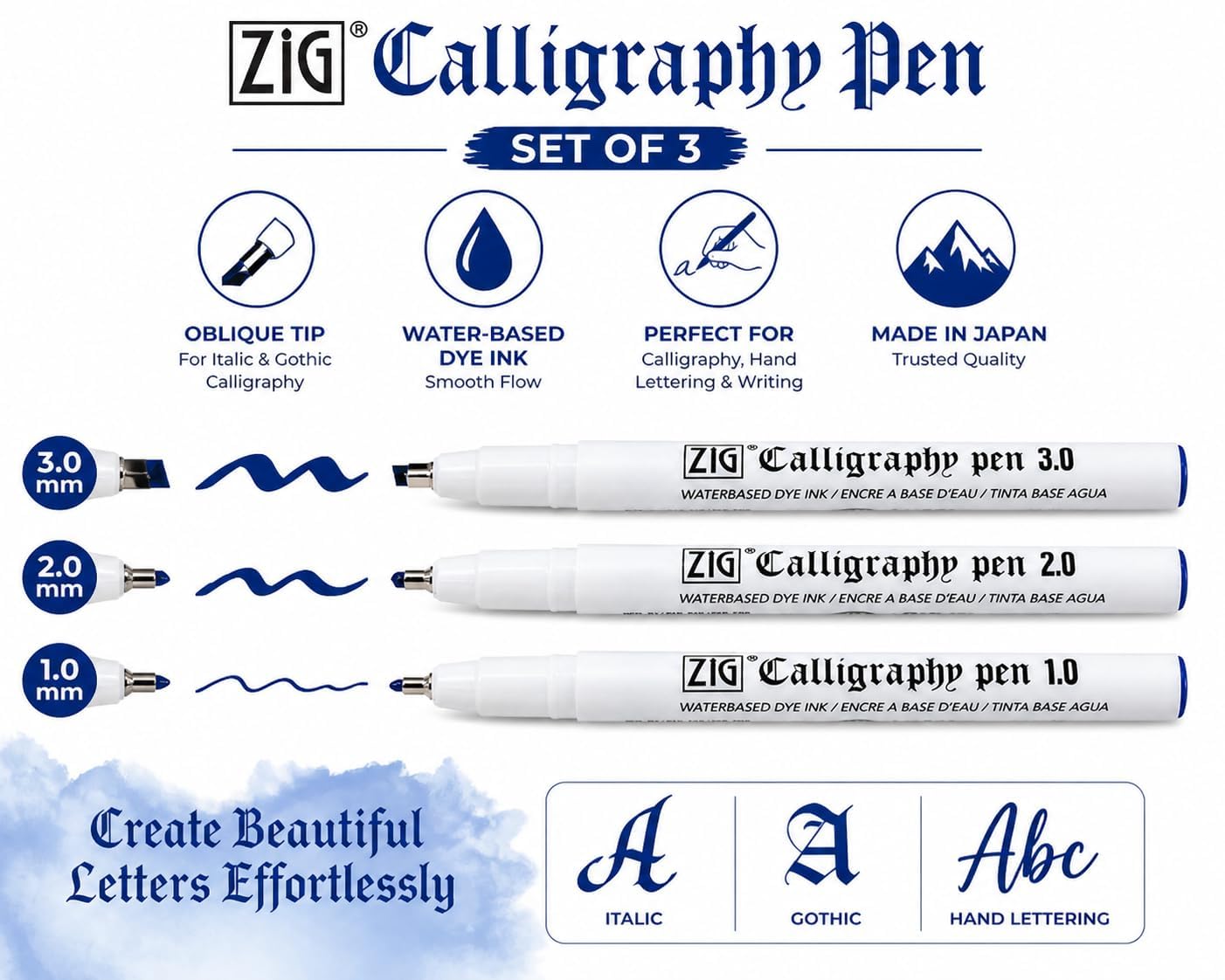 Zig Calligraphy Pen Blue Set of 3 – 1.0mm, 2.0mm & 3.0mm Oblique