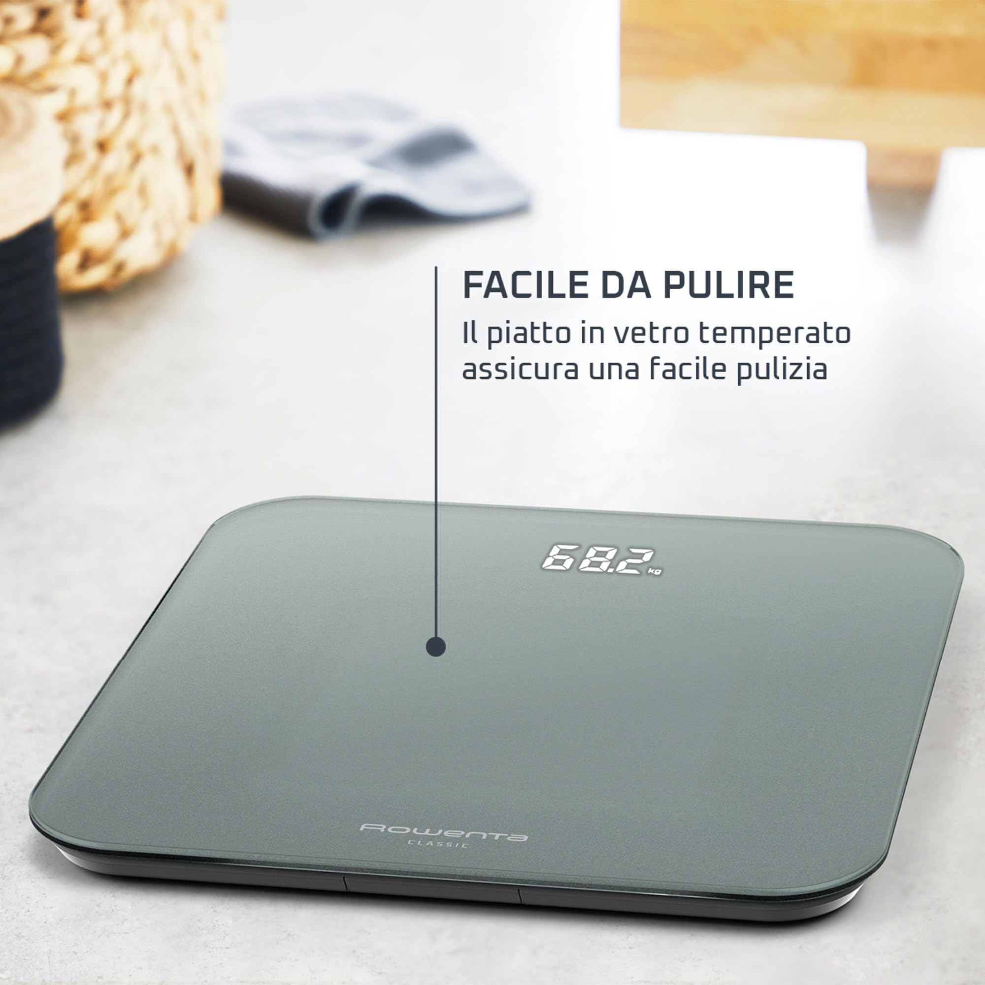 Rowenta Classic 2.0, Bilancia con Schermo Invisibile LED Facile da Leggere, Capacità 180kg, Design Moderno e Funzioni Intelligenti, AutoAccensione e Spegnimento Automatico, Colore Eucalipto, BS1903V0