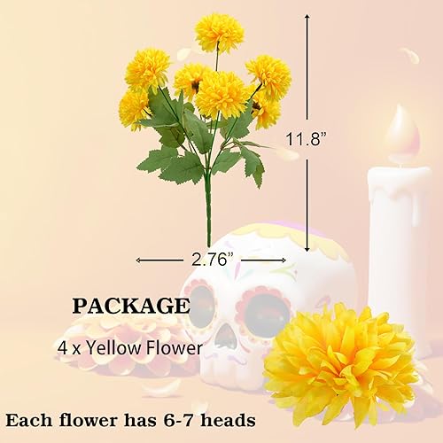 Miniatura 4 de Flores artificiales de caléndula, paquete de 4 ramos de flores de caléndula de seda de 12 pulgadas para decoración del día de los muertos,