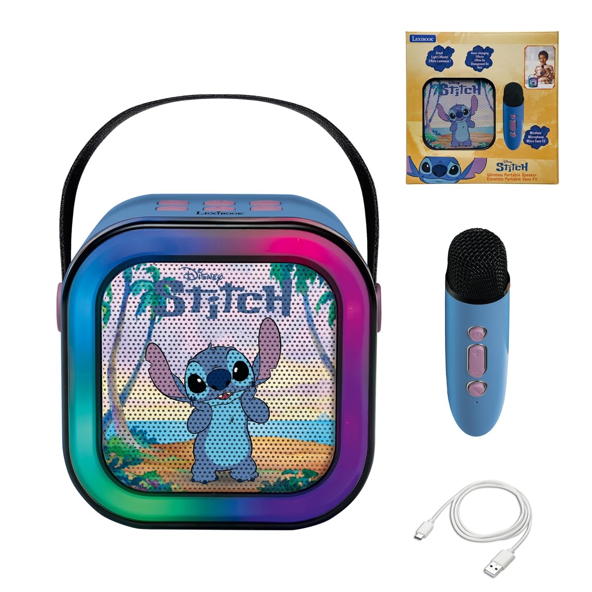 Lexibook, Disney, Karaoke con Microfono Wireless, Blu, BTC020DLXB | Altoparlante karaoke Stitch con microfono wireless, Bluetooth 5.0, USB-C, luci e design compatto