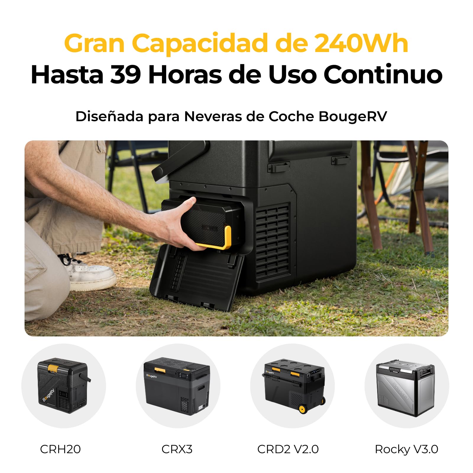 BougeRV Batería Portátil 240Wh para Nevera Coche CRD2 V2.0 Rocky V3.0 CRH20 CRX3 12v 230v, Estación de Energía de Compresor, Alimentación Externa con Salidas XT60 USB-A Tipo C