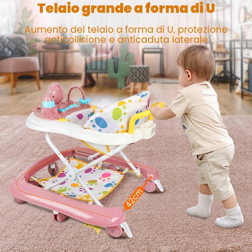 Girello per neonato, ragazza, evolutivo, 2 in 1, girello multifunzionale, un compagno premuroso per l'apprendimento a piedi del vostro bambino, 62 x 68 x 36-81 cm, rosa