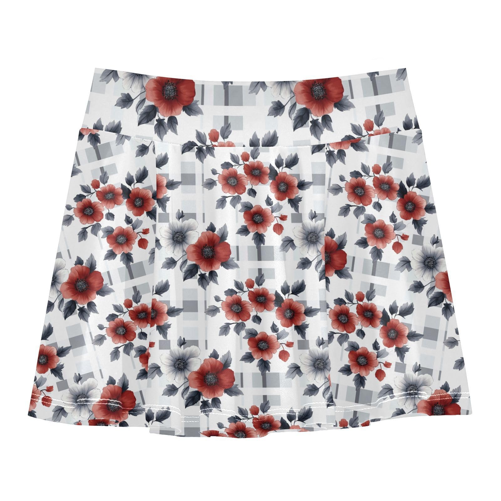 Floral with Plaid Flowy Girls Tennis Skirts with Built in Shorts Pleated Skirt for Kids with Pockets Toddler Athletic Skort