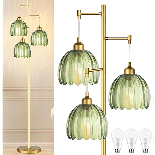 Gold Floor Lamp for Living Room,Bedroom,Mid Century Modern Standing Lamp Brass Tree 3 Light Tall Floor Lamps Vintage Retro Floor Lights Glass Green Flower Lamp Shade Farmhouse Boho Bohemian