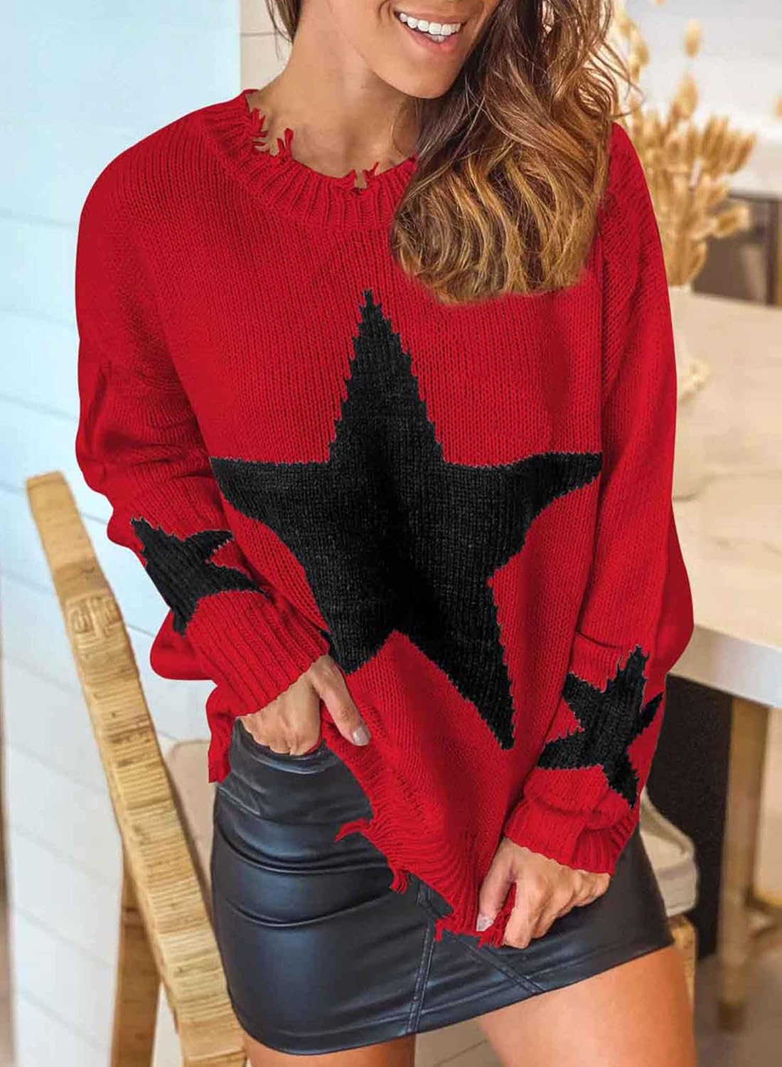 Women Sweater Fall Star Pullover Long Sleeve Crewneck Casual Cute Sweaters Tops - Image 3