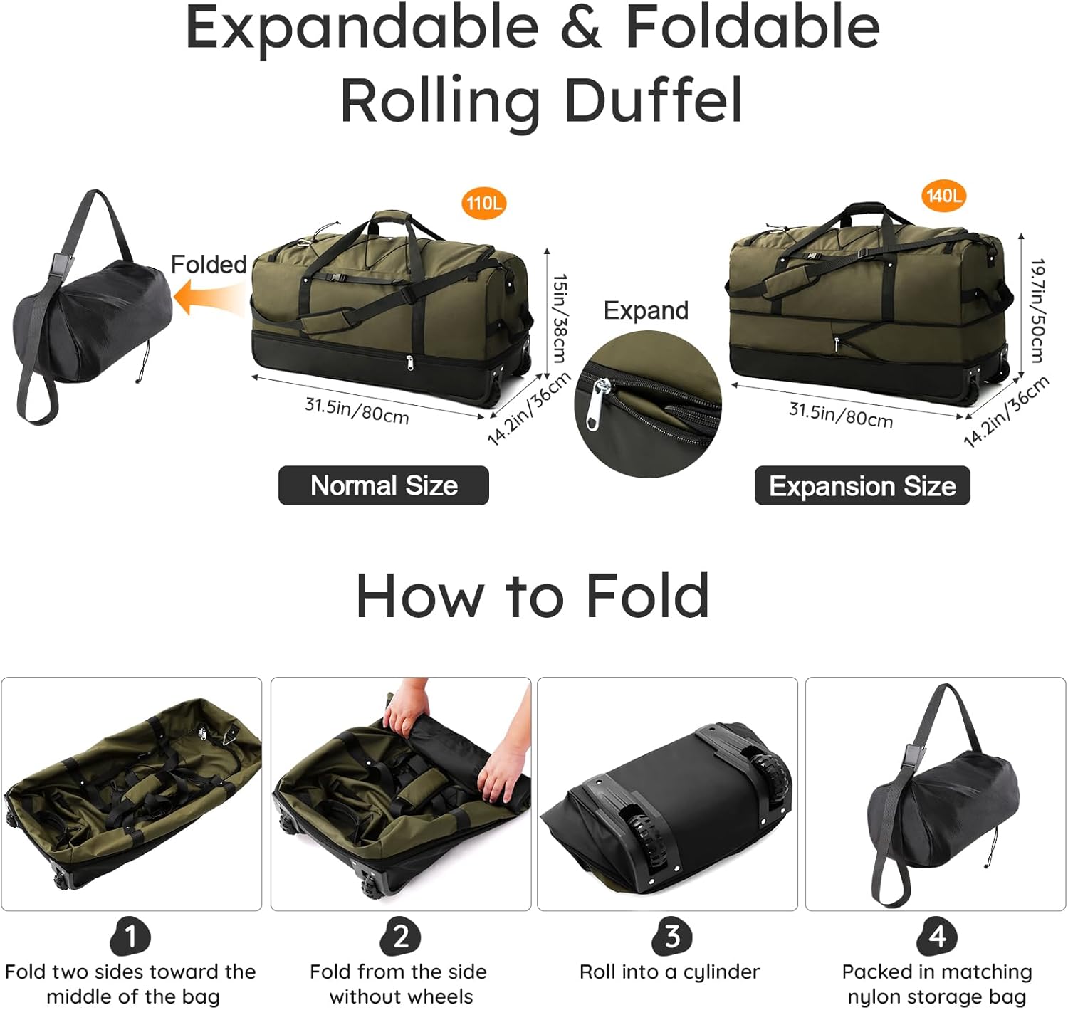 32" Soft-Sided Foldable Wheeled Duffle Bag, 110L Expandable 140L Rolling Travel Bag with Matching Storage Pouch, Updated Army Green - Image 2