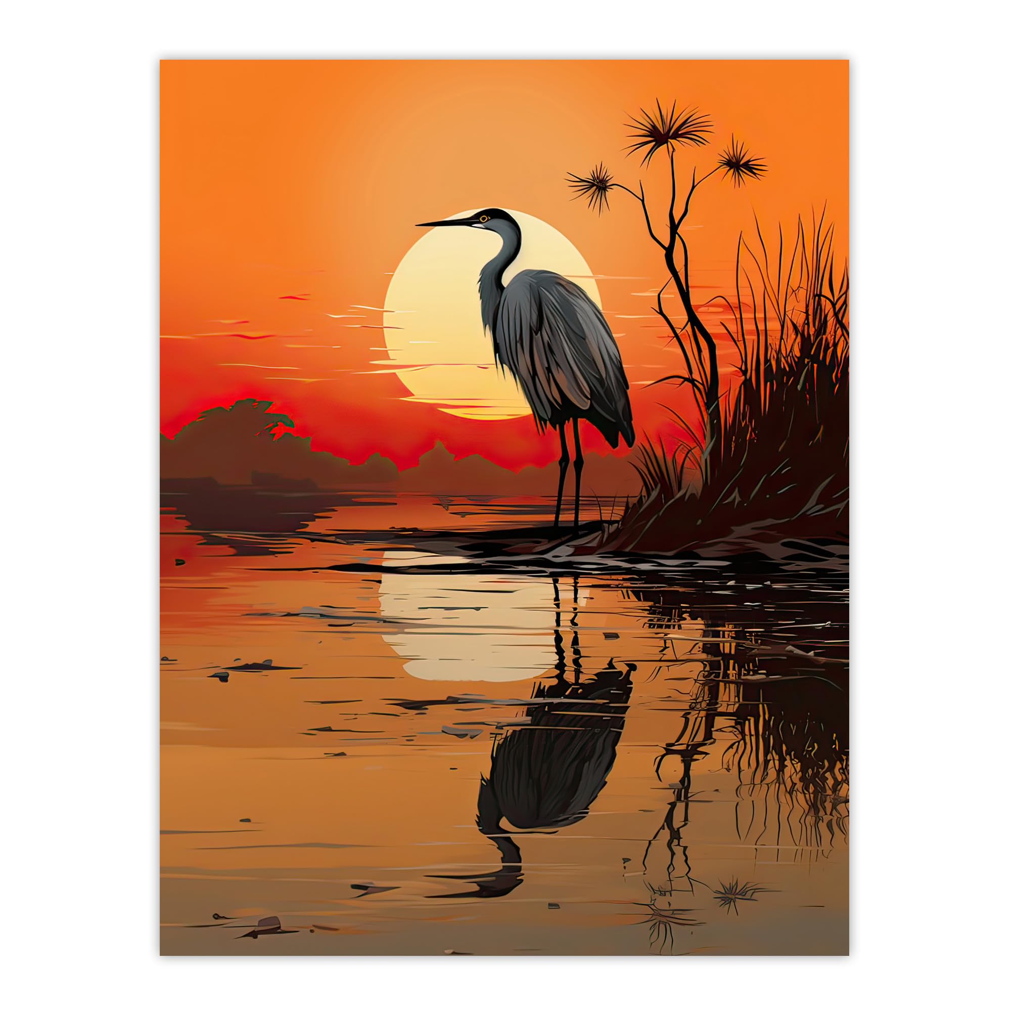 Artery8 Heron in Coastal Landscape Lake Sunset Red Orange Artwork Extra Large XL Wall Art Poster Print