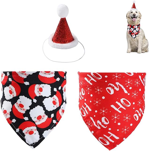 SUOXU Dog Christmas Bandana, Triangle Cotton Dog Scarf With Cute Doggie Christmas Festive Party Hat,3-Piece Dog Christmas Outfit, Pet Gift and Party Decoration Set (Santa snowflake)