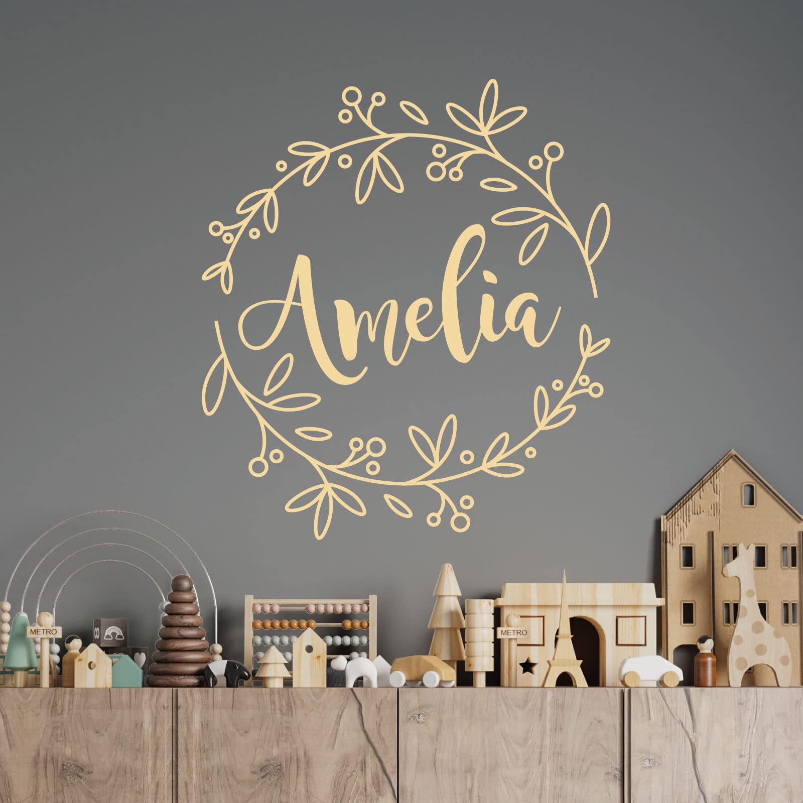 Personalised Name - Floral Wreath - Nursery Vinyl Wall Decal Sticker [Medium] [Cream]