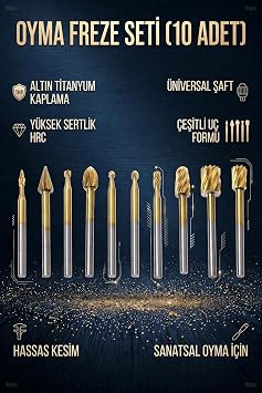 Transformacion 10 Parça Titanyum Kaplı HSS Ahşap Oyma Freze Ucu Seti Dremel Uyumlu Gravür Matkap Uçları 723528