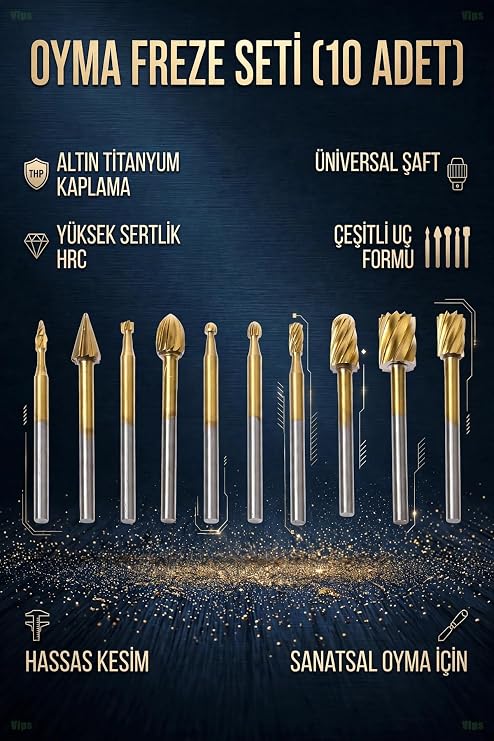 Transformacion 10 Parça Titanyum Kaplı HSS Ahşap Oyma Freze Ucu Seti Dremel Uyumlu Gravür Matkap Uçları 723528