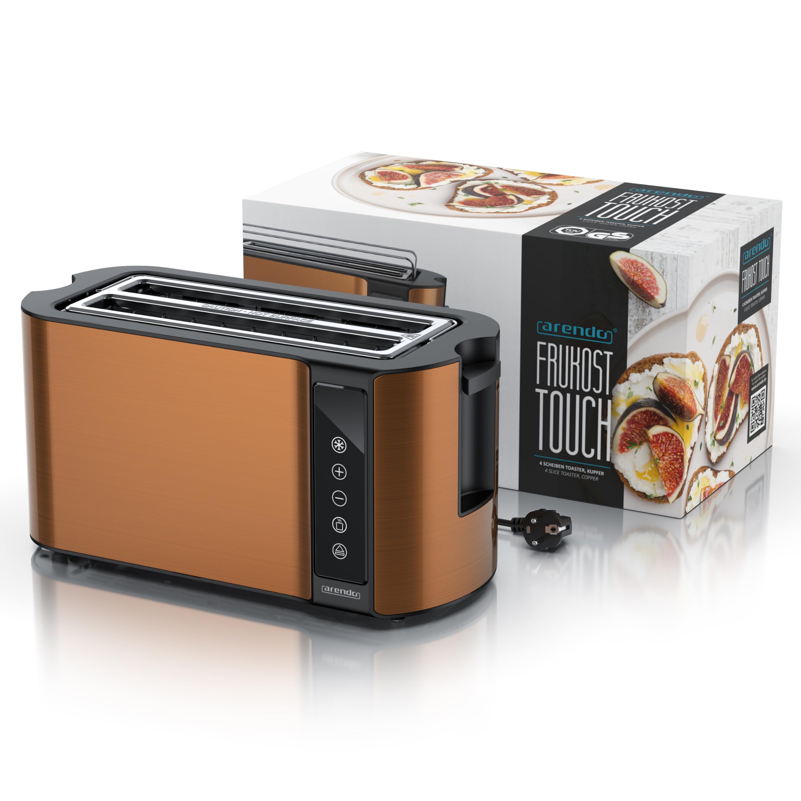Arendo - Tostadora con ranura larga de acero inoxidable, 4 rebanadas, pantalla táctil, cuerpo de doble pared, rejilla integrada para rollos, 7 grados de bruñido, centrado del pan, visualización del