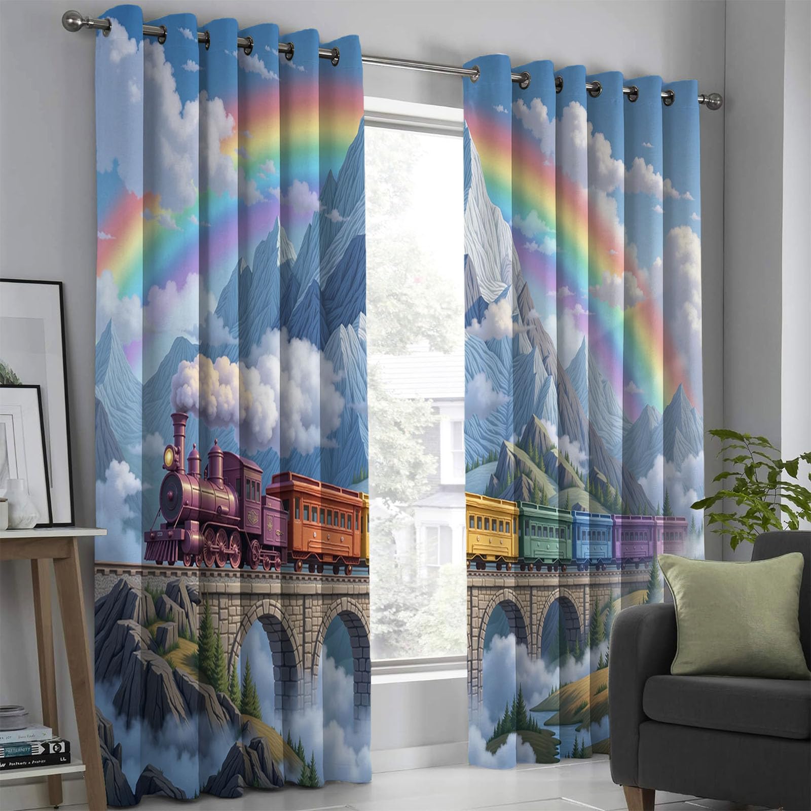 Rideau occultant train de montagne 140x145 cm lot de 2 rideaux thermiques à oeillets pour chambre