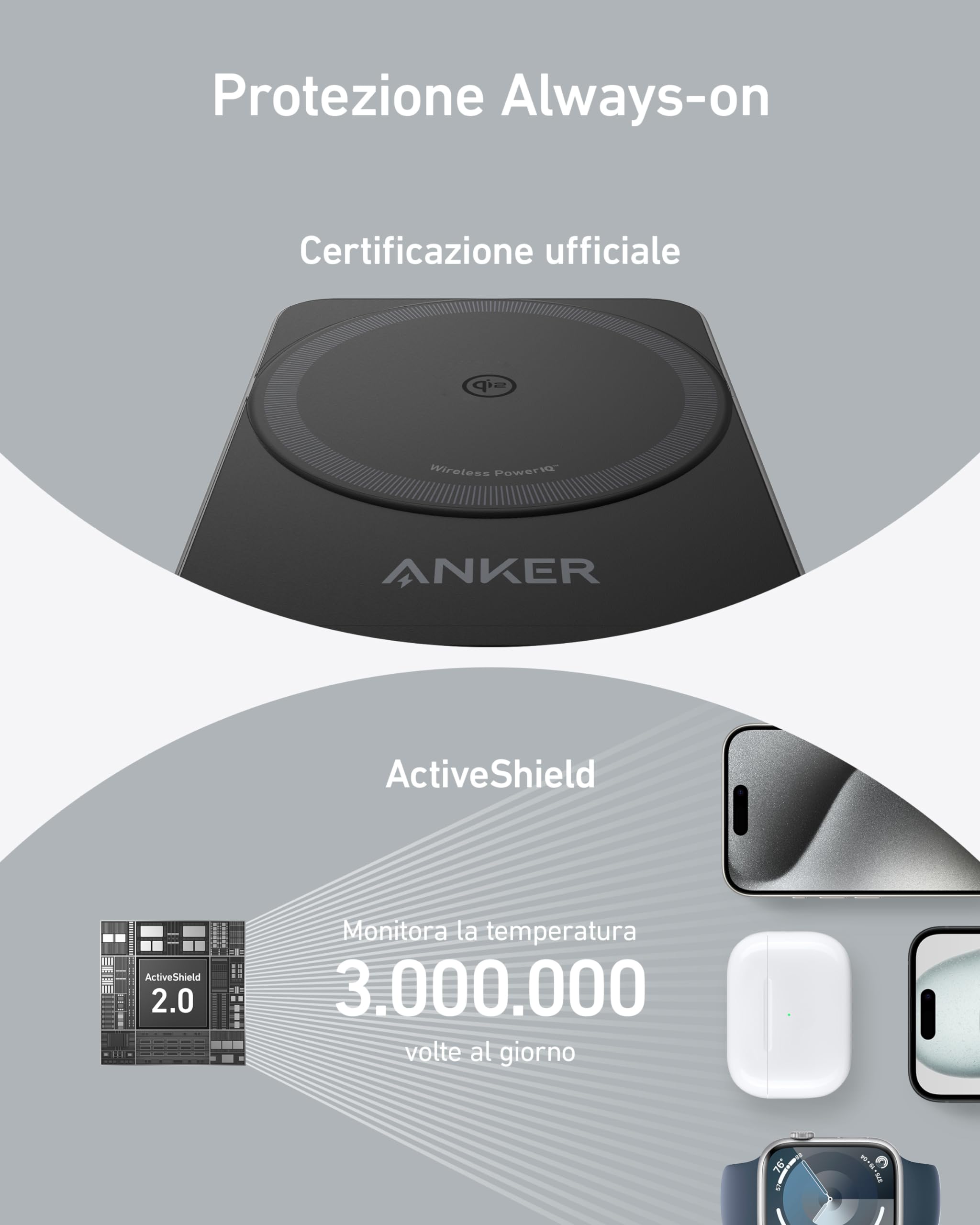 Anker MagGo Caricatore Wireless iPhone 15W, Base di Ricarica 3 in 1 con MagSafe, Certificato Qi2 Ultra-Rapido, per iPhone 17/16/15/14, AirPods Pro, Apple Watch 9/8/SE (Caricatore USB-C da 40W Incluso)