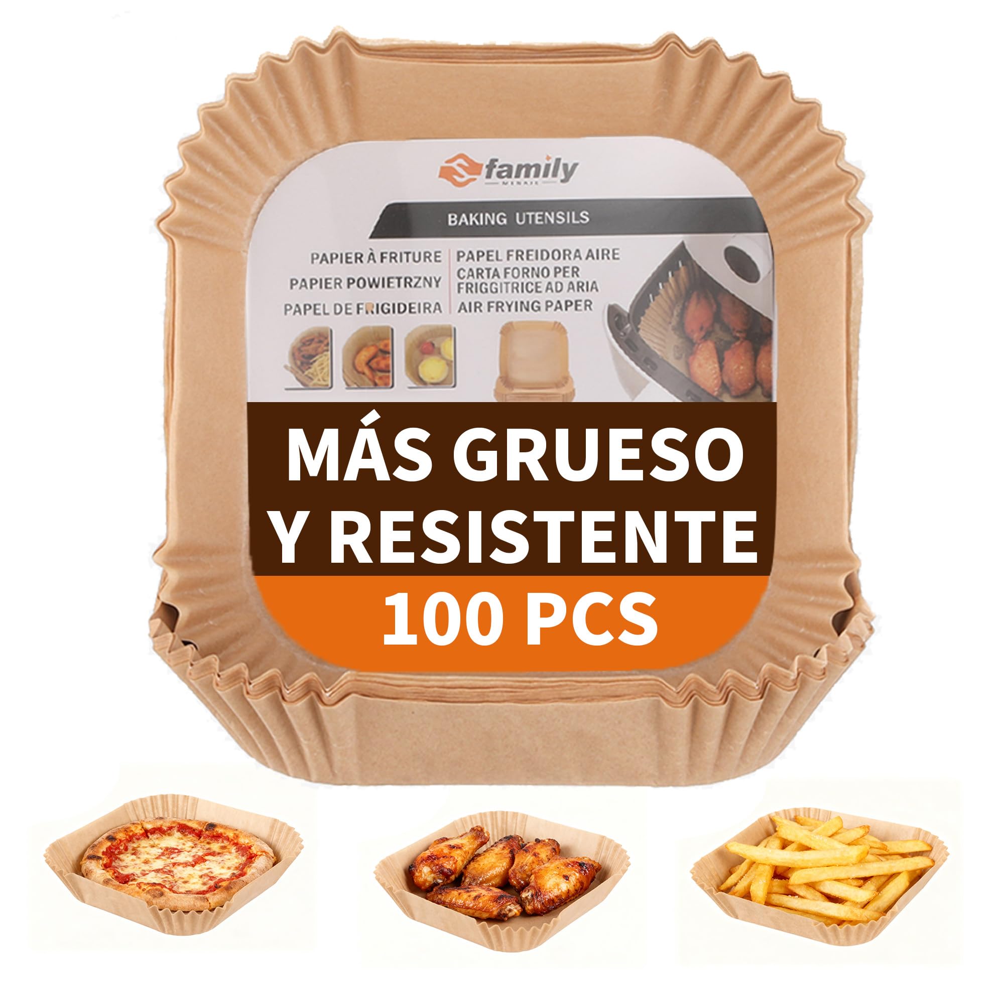 FAMILY Papeles Cuadrados para Freidora de Aire 20CM 100PC, Papel Extra Grueso 42g, Antiadherente y Seguro, Protege el Cestillo y Reduce el Tiempo de Limpieza