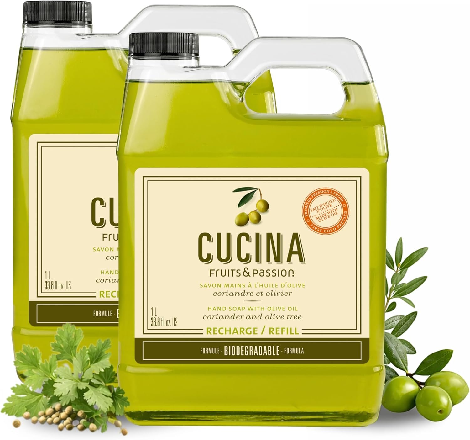 Cucina Fruits & Passion Coriander & Olive Tree Kitchen Hand Soap Refill, 1L Each â 2 Pack | Biodegradable, Cold-Pressed Olive Oil, Vegan, Made in Canada