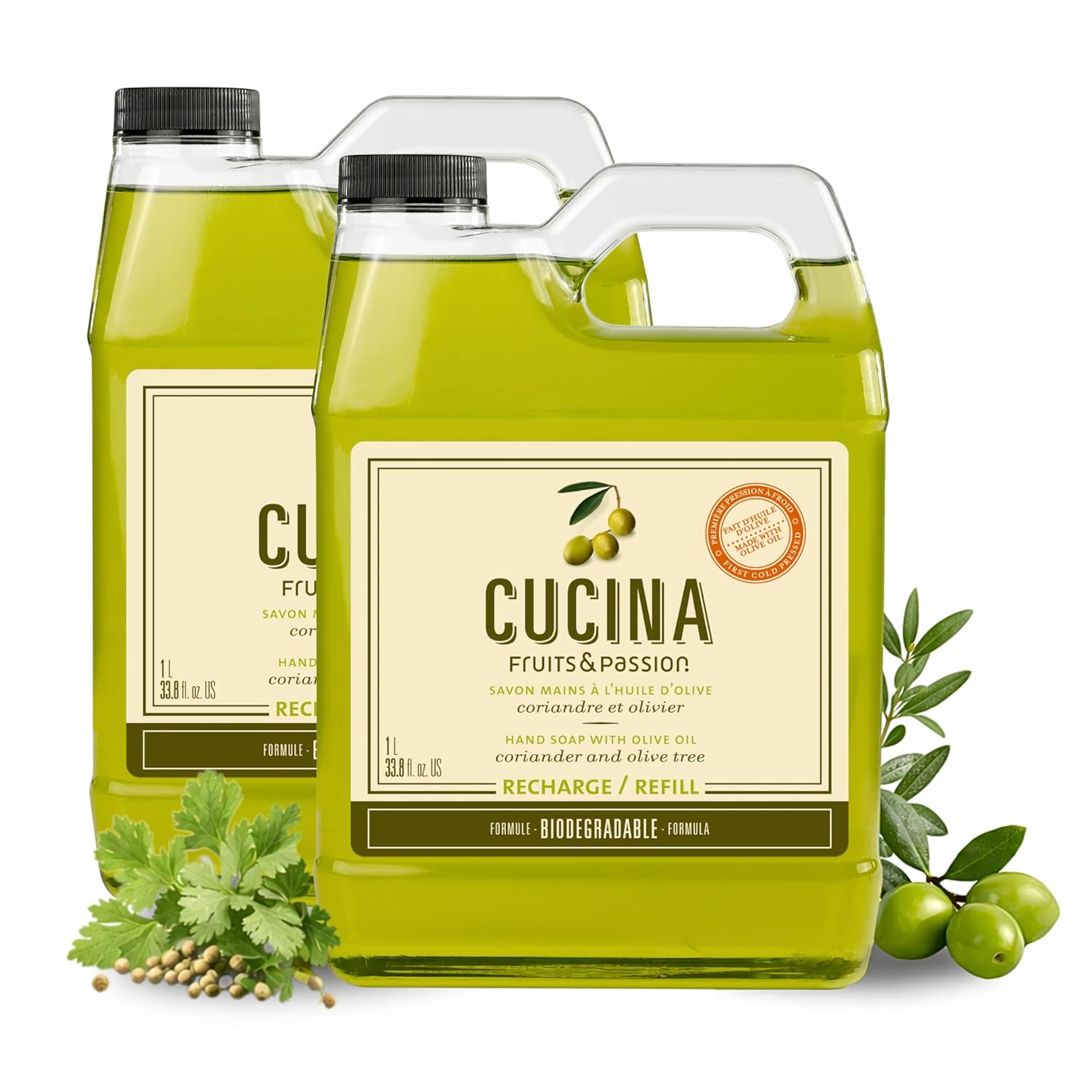 Cucina Fruits & Passion Hand Soap Refill, Coriander & Olive Tree, 33.8 fl oz (1L) Each, Pack of 2, Olive Oil Enriched, Biodegradable Kitchen Hand Wash, Made in Canada