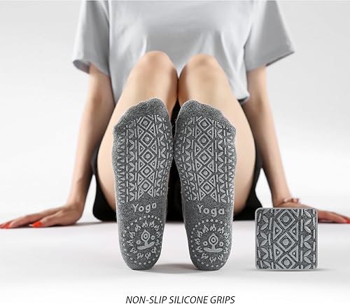 Miniatura 4 de SpringPlus 3 pares de calcetines de yoga para mujer con agarre antideslizante, pilates, barra, yoga, embarazo, baile, entrenamiento descalzo