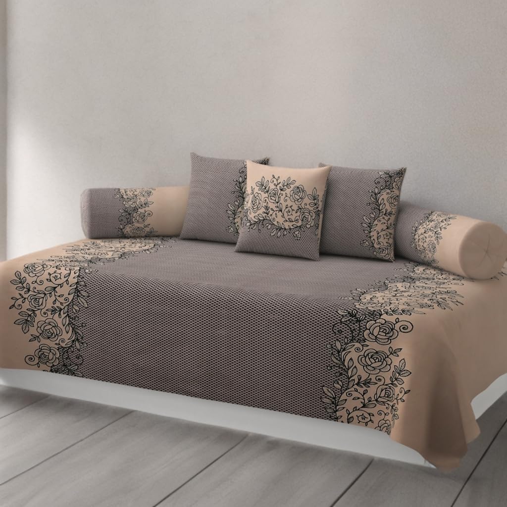 Cotton Blended Printed Diwan Cover Set with 2 Bolster Covers and 3 Cushion Covers (Pack of 6)| Glace Cotton Diwan Bedsheet Set Brown and Beige Color 23-image-42
