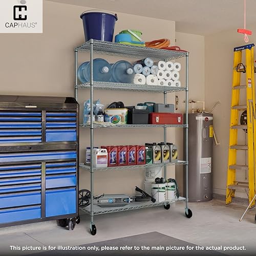 Miniatura 7 de CAPHAUS Estantes ajustables comerciales NSF de alta resistencia con ruedas y pies, estante de metal para almacenamiento de cocina, estantería de