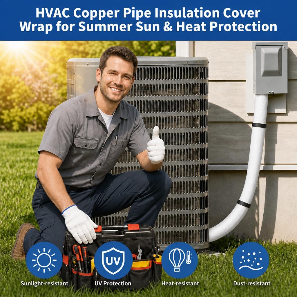 5 Layers HVAC Copper Pipe Insulation Cover Protector Outdoor 600D Oxford AC Copper Line, UV-Resistant 80x12Inch with 6 Straps for Mini Split & Central Air Conditioner for Outside (White)