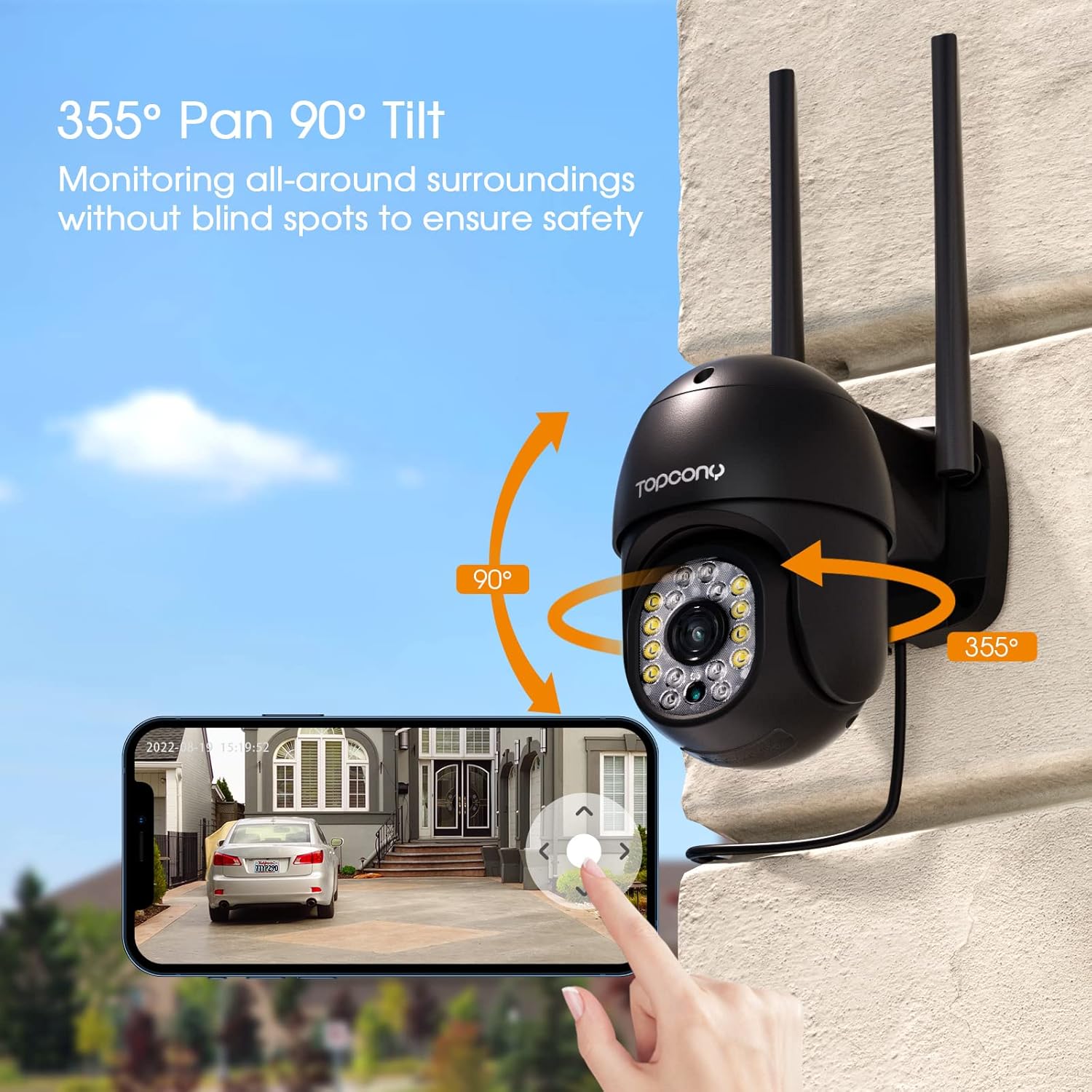 Security camera with 355 degree pan and 90 degree tilt arrows