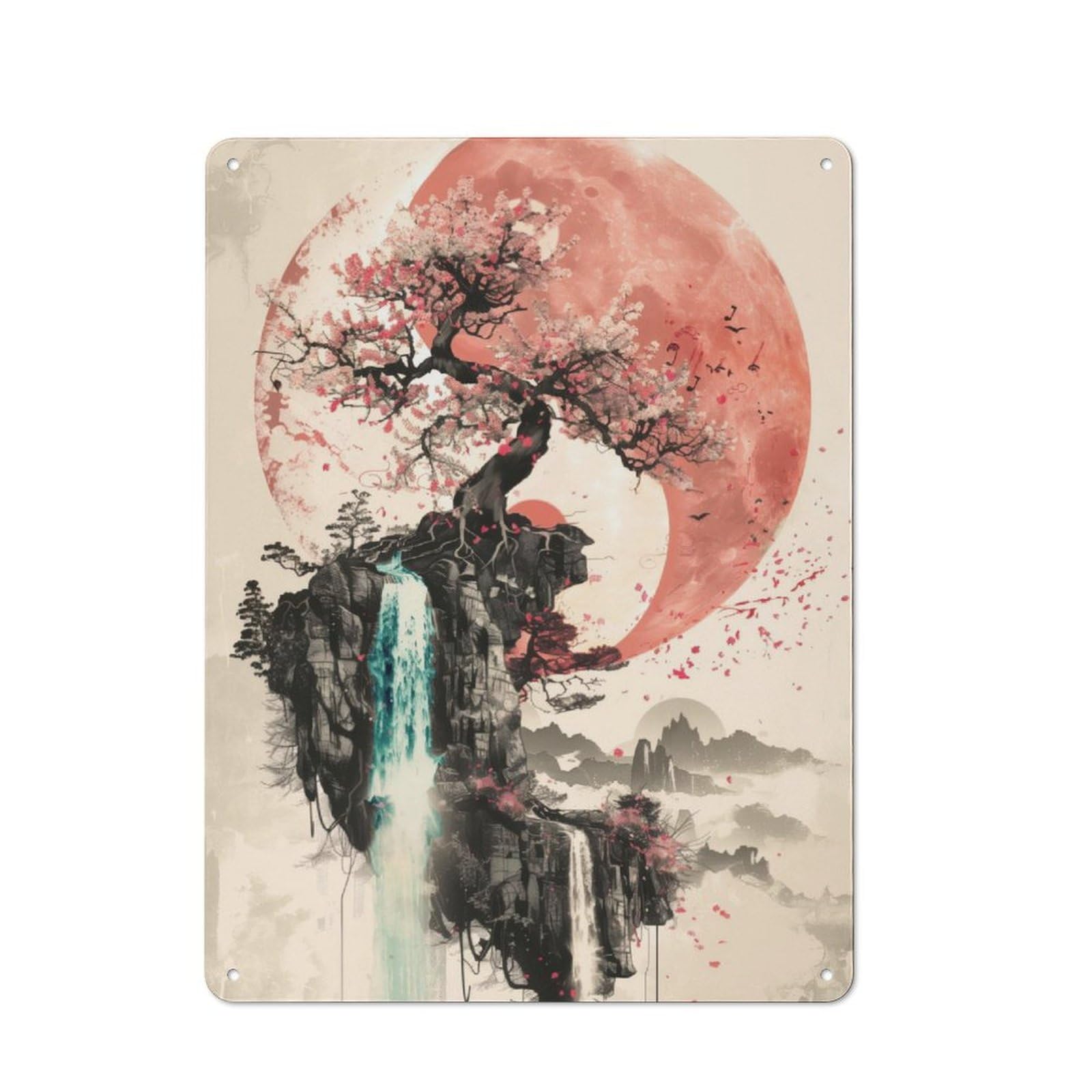 Industrial Tin Wall Sign 40x30cm Featuring Sakura Watrefall Yin Yang, Urban Room Decor for Workspace, Cafe, Hallway Or Garage
