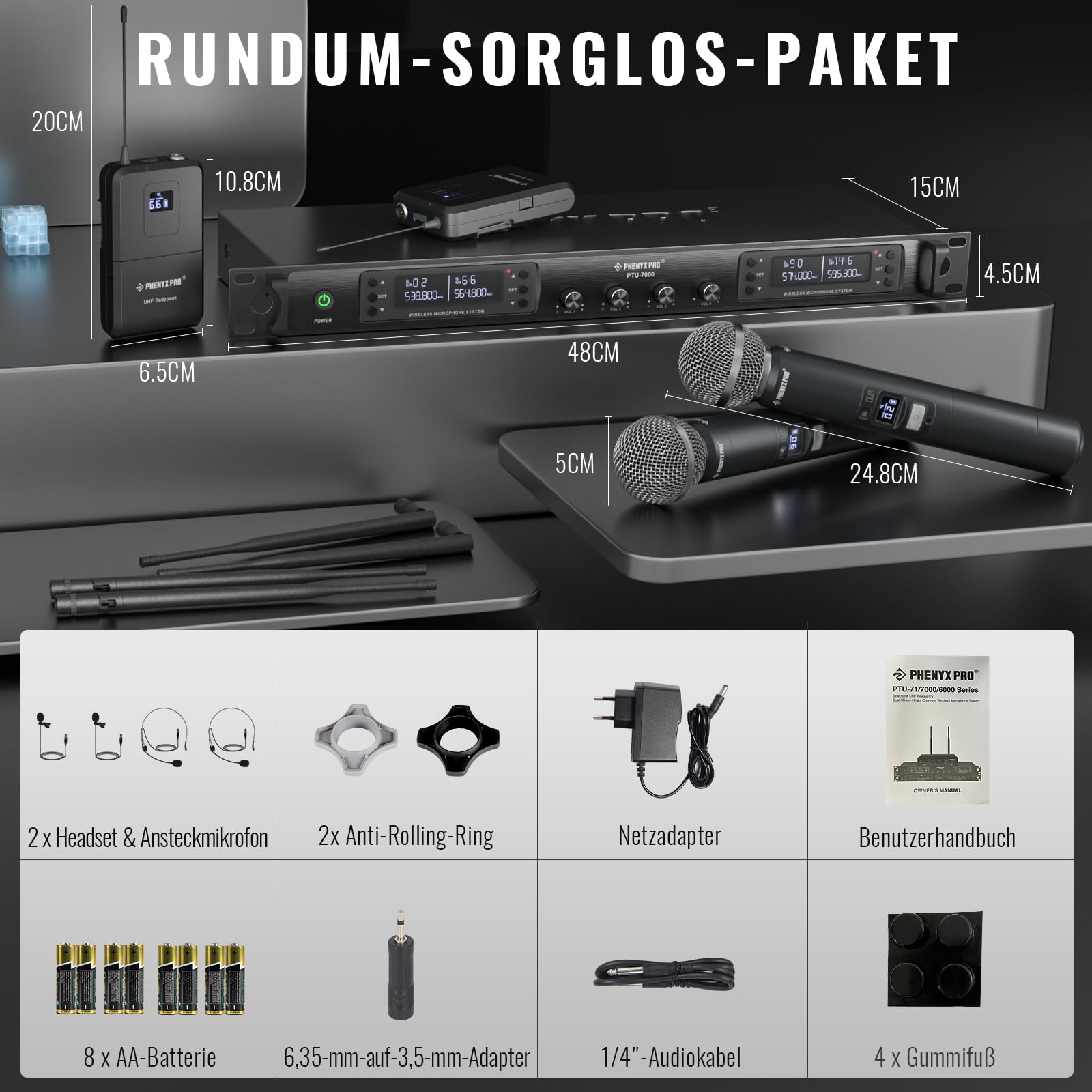 Phenyx Pro 4-Kanal Kabelloses Mikrofon-System mit Handheld PTU-7000-2H2B | Bodypack, Headset und Lapel Mics - 4x40 Kanäle wireless mikrofon, Auto Scan, 328ft Reichweite - Ideal für Karaoke und Gesang