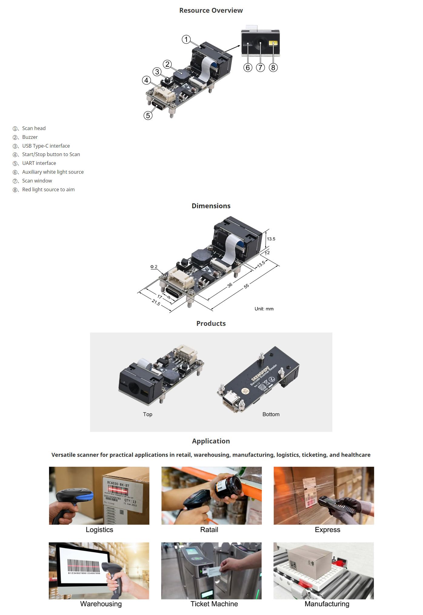 Embedded 1D 2D Barcode Scanner Module, QR Code Reader with USB Type-C & TTL UART Interface, Fast Decoding on Screen & Paper, for Arduino Raspberry Pi POS Kiosk ATM Integration