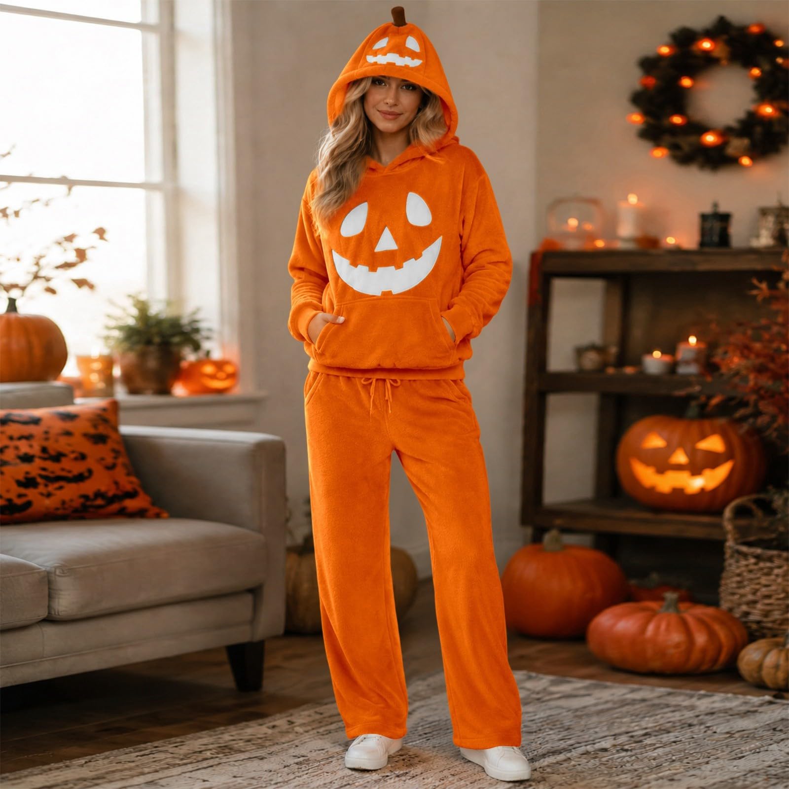 Tuta Zucca Halloween Uomo Donna Pigiama Intero con Cappuccio Morbida Tuta con Cappuccio, Stile Halloween Divertente, Pigiama Intero in Pile per Feste, Casa e Cosplay