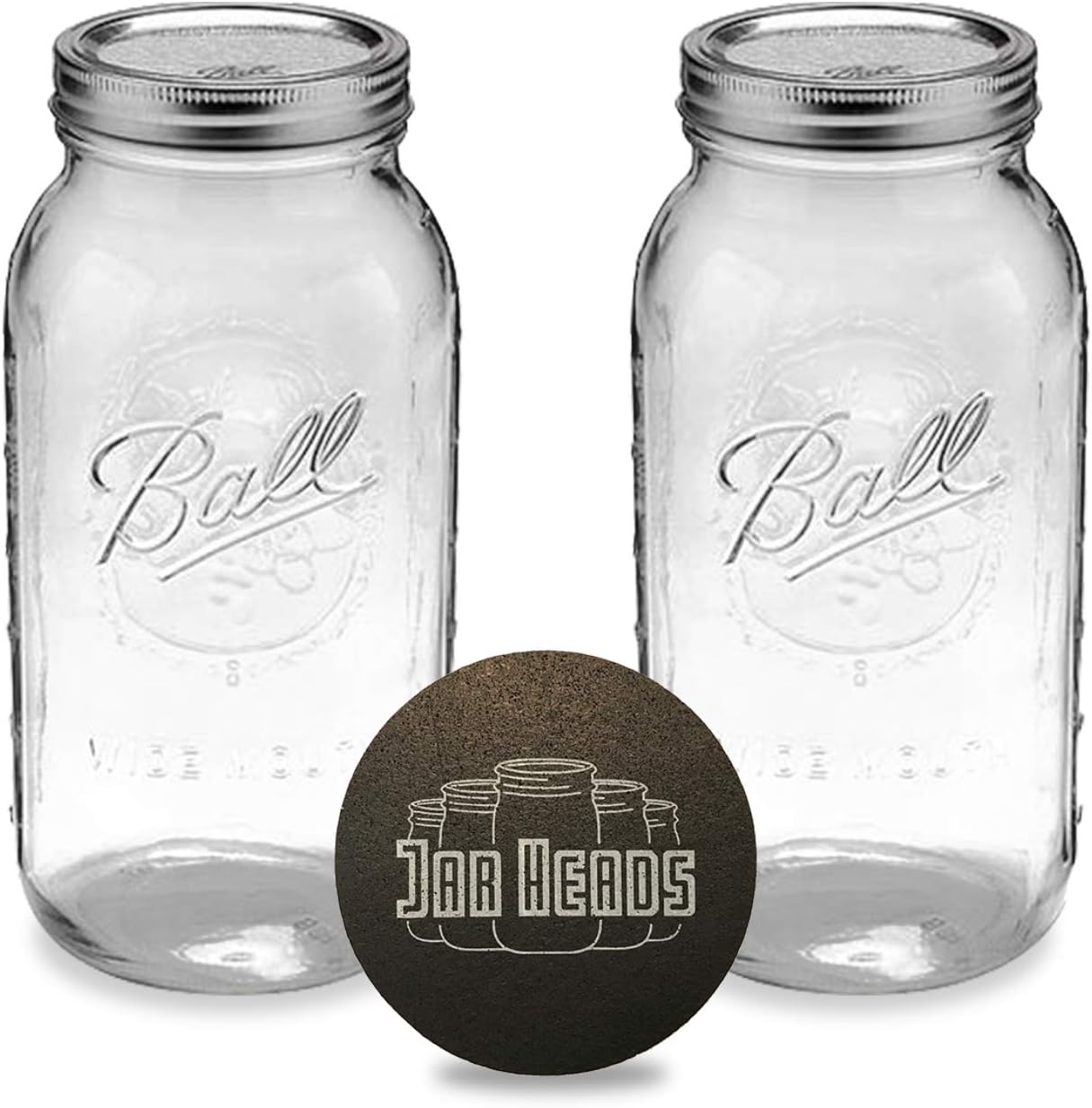 Ball Half Gallon Mason Jars - Wide Mouth 64 oz Bundle with Non Slip Jar Opener- Set of 2 Half Gallon Size Mason Jars - Canning Glass Jars with Lids