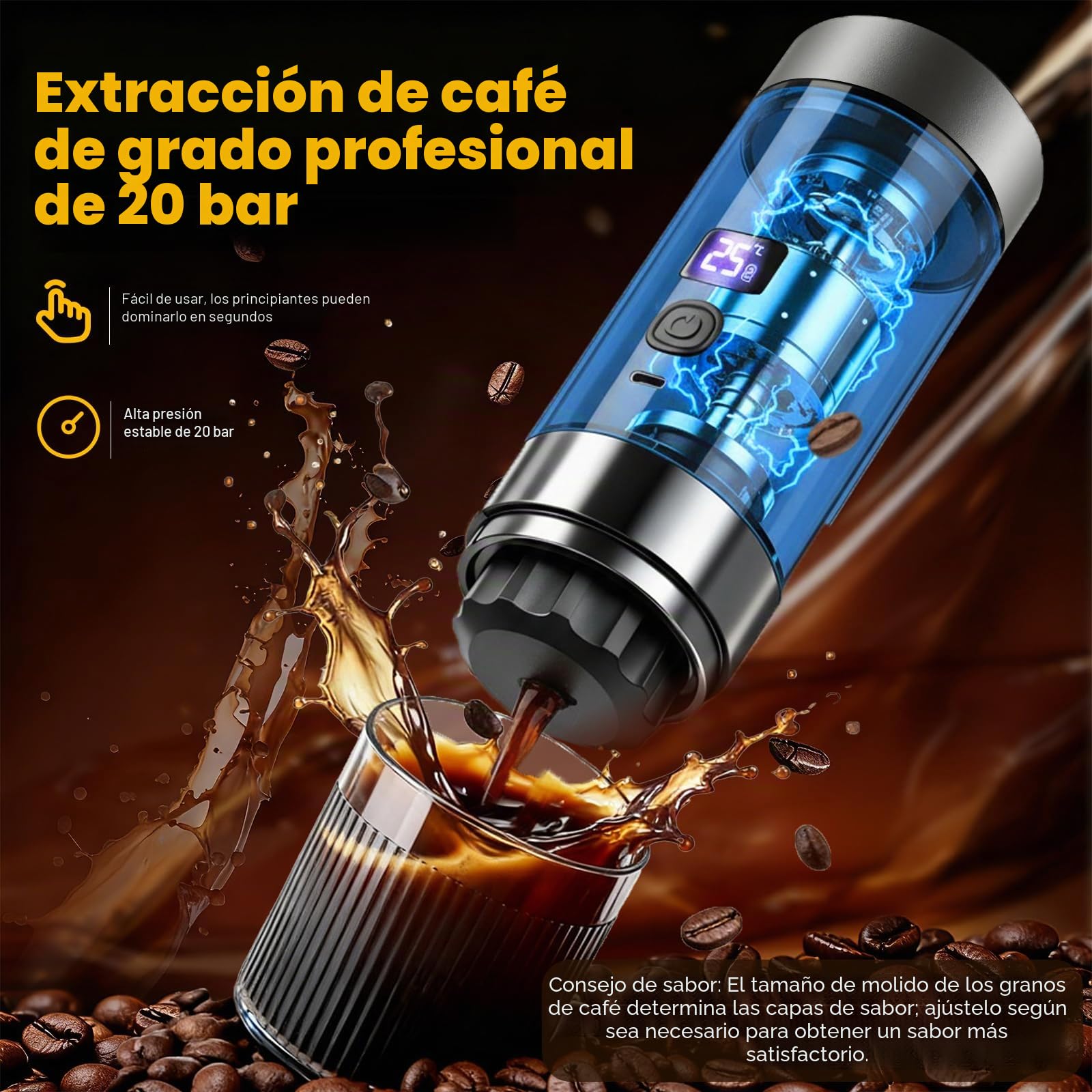 Máquina de café expreso 3 en 1 portátil con batería, 20 bar, extracción fría/caliente, compatible con cápsulas y café molido, 7800 mAh USB-C, mini cafetera para camping, coche, oficina y viajes