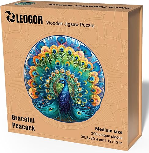 Miniatura 7 de LEOGOR Rompecabezas de madera para adultos  Pavo real  (200 piezas, 12 x 12 pulgadas)  Mandala redondo inspirado en la naturaleza  Coloridas formas
