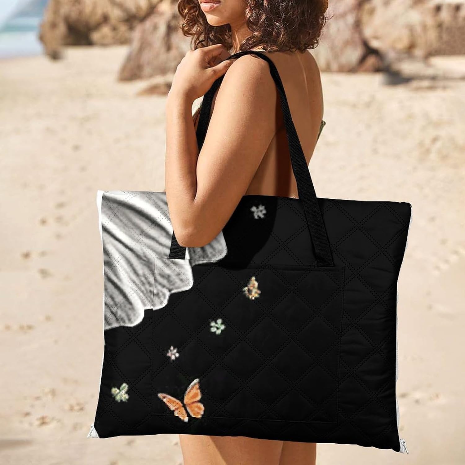 Cute Elephant Picnic Blanket 200x200cm, Foldable 2-in-1 Picnic Mat and Tote Bag Portable Waterproof Beach Mat Sandproof Outdoor Blanket for Park, Hiking, Beach, Camping, Travel