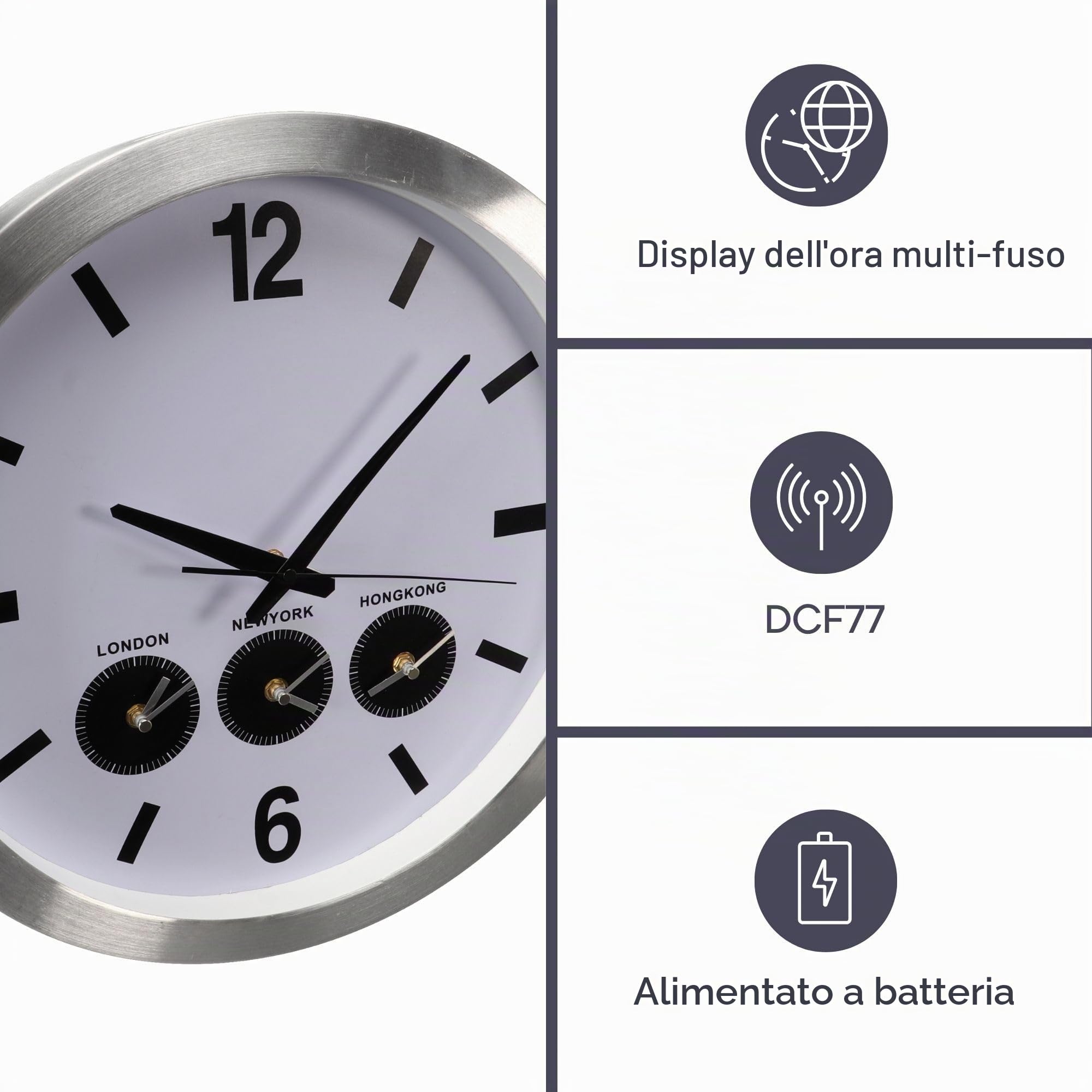 Perel Orologio mondiale analogico con 3 fusi orari, sincronizzazione automatica DCF, ampio quadrante facile da leggere, orologio da parete con cambio automatico ora legale/solare, ideale per ufficio