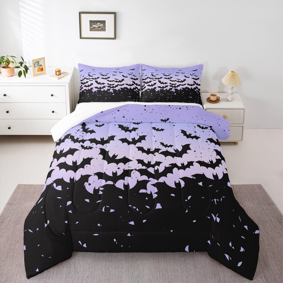 Happy Halloween Kids Comforter Set Twin Size,Black Bats Gothic Chic Bedding Set,Boys Girls Adults Room Decor,Blue Purple Ombre Romantic Down Comforter,Simple Style Duvet Insert,1 Pillowcase