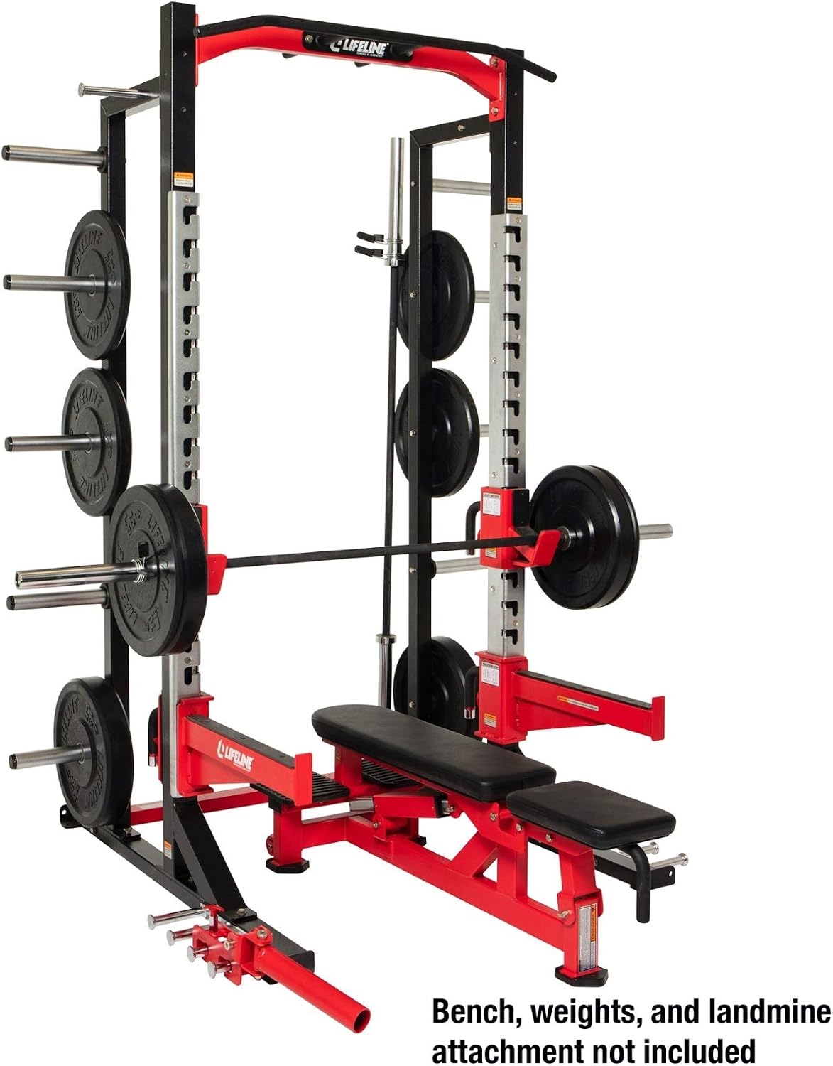Lifeline Commercial Gym Quality Half Rack Weightlifting System with Optional Utility Bench, Dip Station and Land Mine Attachment