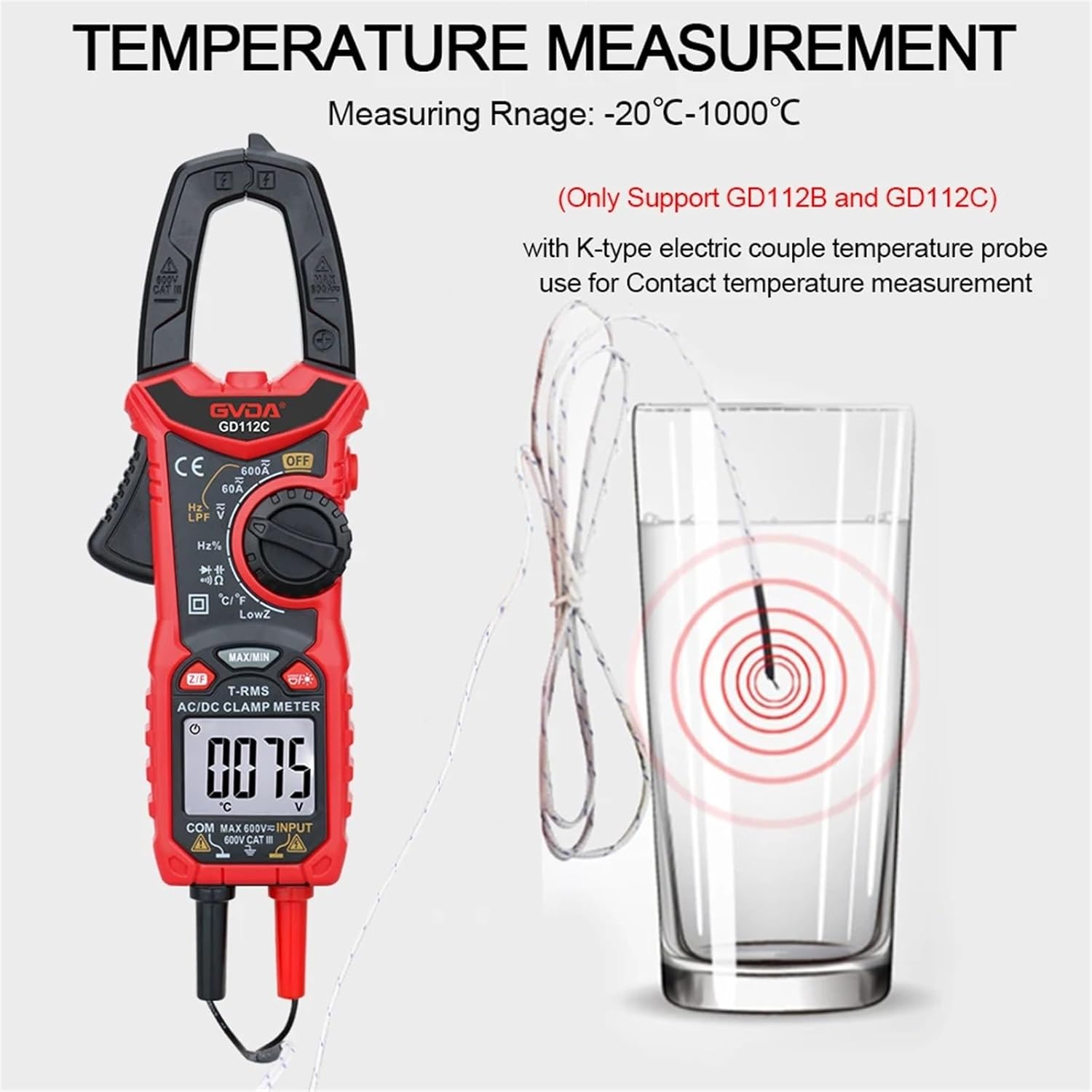 Digital Clamp Meter AC DC Current NCV Multimeter Pinza Amperimetrica True RMS Capacitance Ohm Hz Temperature Voltage Tester(GD112A)
