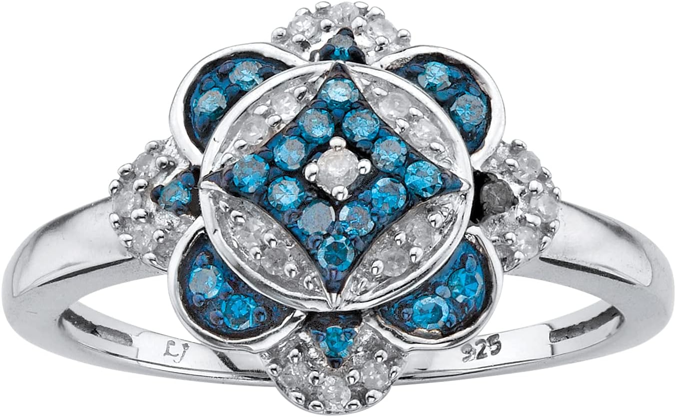 PalmBeach Platinum-plated Sterling Silver Round Genuine Blue and White Diamond Floral Ring (1/5 cttw, I Color, I3 Clarity) Sizes 6-10