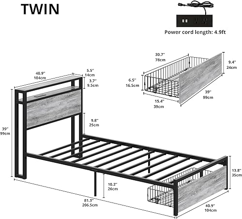 Miniatura 29 de LIKIMIO Base de cama individual con cajón, cabecera de almacenamiento con tomas, no necesita somier, fácil montaje, marrón oscuro Marrón oscuro,Gris