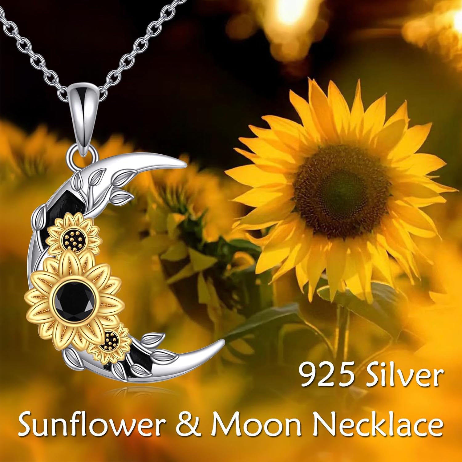 VONALA Black Obsidian Sunflower Pendant Necklace with Crescent Moon – 925 Sterling Silver Women's Dainty Jewelry, Symbolic Gift for Her - Image 2