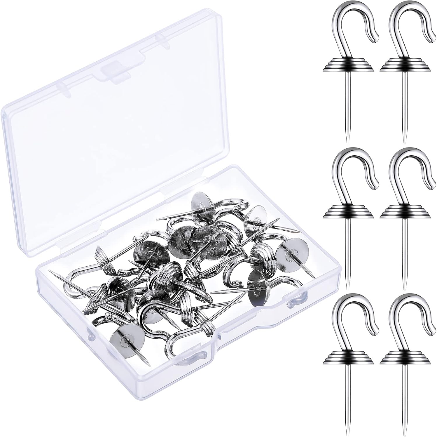Hotop 30 Pieces Push Pin Wall Hooks Metal Thumb Tack Hangers, Silver