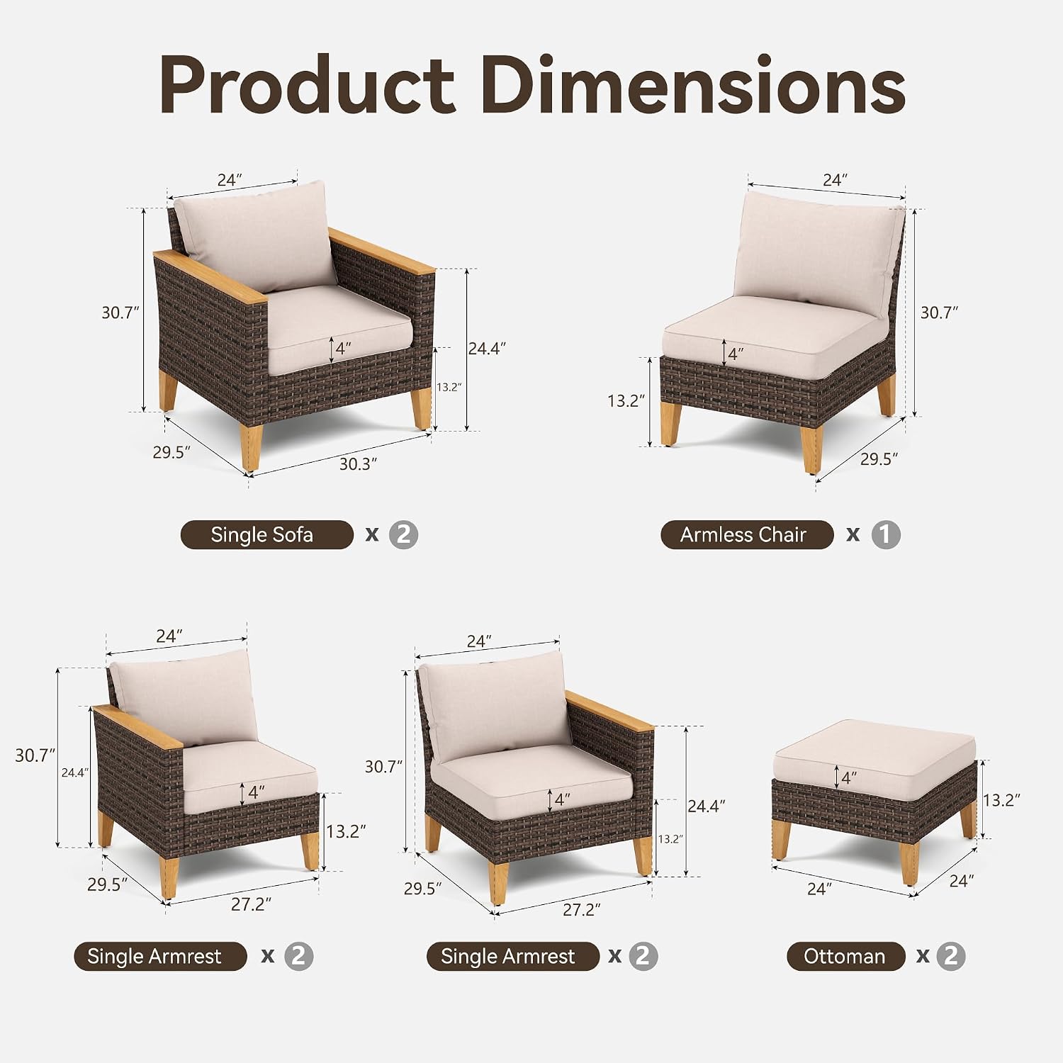 GREEN PARTY 9 Pieces Wicker Patio Furniture Set, All-Weather Outdoor Rattan Patio Sectional Sofa Conversation Set 9 Seats with 4" Thick Cushions for Garden, Backyard, 2 x Ottomans